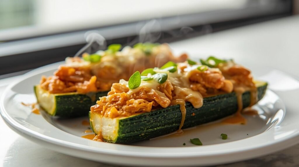Buffalo Chicken Stuffed Zucchini Boats