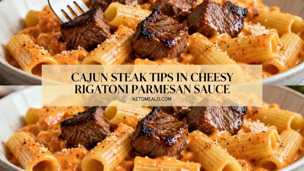 Cajun Steak Tips in Cheesy Rigatoni Parmesan Sauce